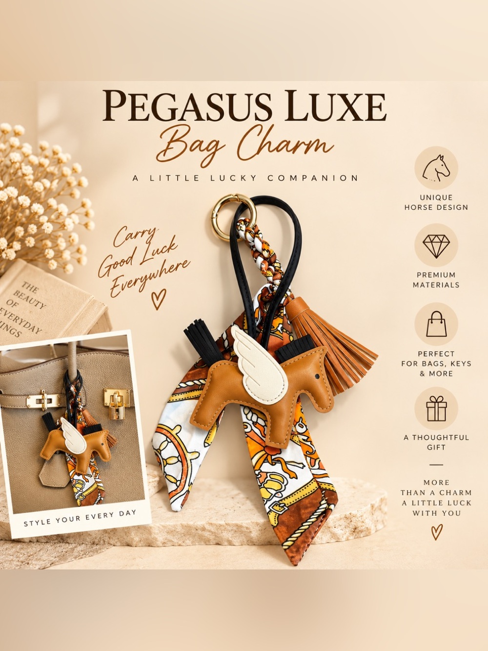 Pegasus Luxe Winged Horse Bag Charm Scarf Tassel Keychain Caramel Gold